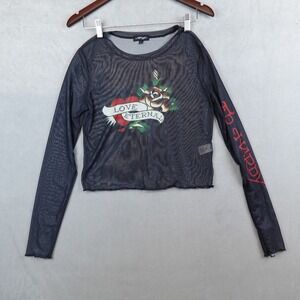 Ed Hardy Love Eternal Tattoo Sheer Mesh Long Sleeve Cropped Top Large